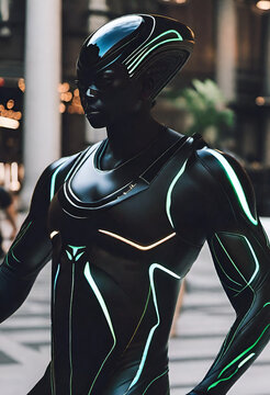 Black skin and armor cybernetic alien hybrid standing in town square