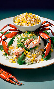  salad with crab meat, rice and corn, food art