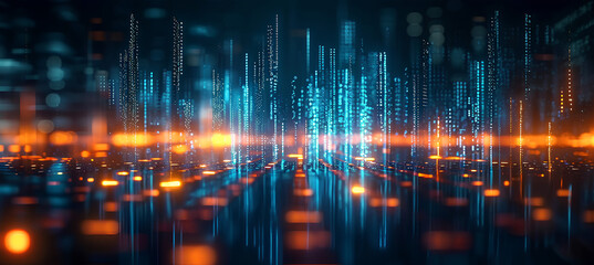 Fototapeta premium Abstract blurred bokeh background with financial technology symbols and dynamic light streaks