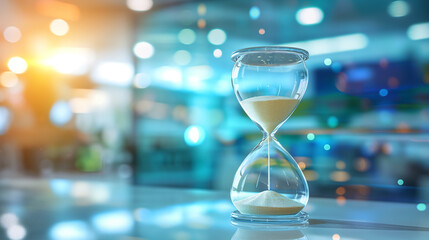 Close up view of hourglass stand office measuring time