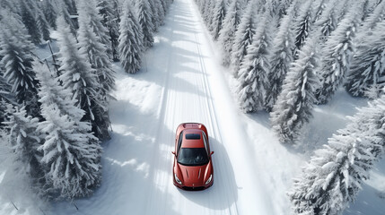 Modern red sports car driving on the snowy road through the spruce forest on a cold winter day. Winter holidays, Christmas, New Year theme. Rural landscape, top view, from above.