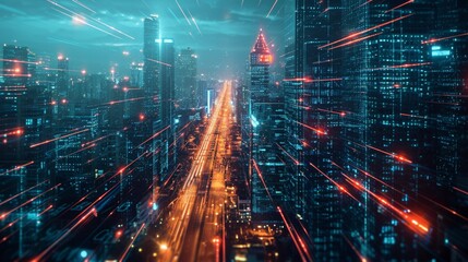 Digital city with high speed information and power grid. Digital community, smart society. DX, Iot, urban and rural nature areas digital network. digital society concept. Hand edited generative AI