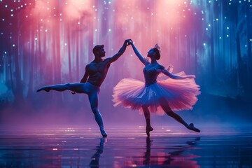 A male and female ballet dancers dancing on the stage - obrazy, fototapety, plakaty