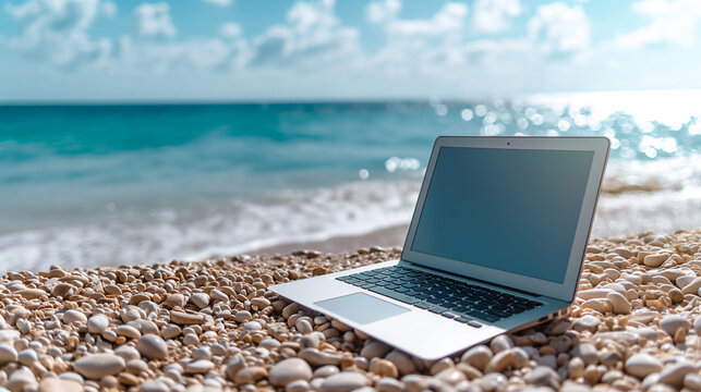 close-up of an open laptop on the beach with pebbles against the background of the sea