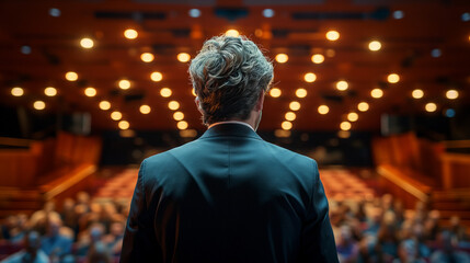 Speaker giving a talk in conference hall at business event. Rear view of unrecognizable people in audience at the conference hall. Business and entrepreneurship concept