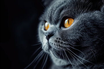 Closeup of beautiful luxury gorgeous grey british cat with vibrant eyes. Dark Background. Selective focus. Dramatic
