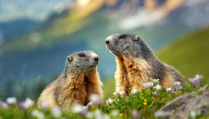 Naklejka na ściany i meble Alpine marmots Marmota marmota, wildlife. Alpine marmots in a meadow with flowers