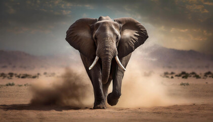Fototapeta na wymiar Amazing elephant with dust and sand on desert 