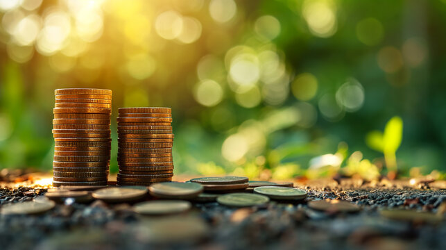 Coins money with natural green background. Financial and investment concept.