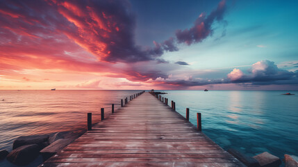 Obraz premium wooden dock pier on the water at sunset, sea summer background with beautiful landscape