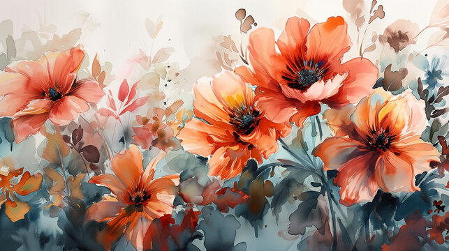 Flowers wallpaper, floral art design background with flowers bunch in watercolor style