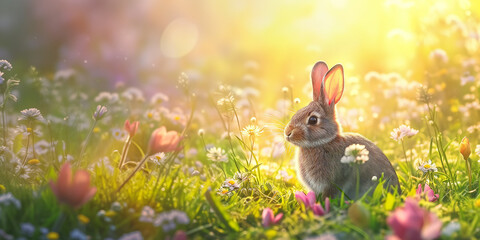 Fototapeta na wymiar Rabbit Enjoying a Sunlit Flower Meadow - Eastern Background 