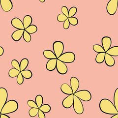 Seamless floral pattern based on traditional folk art ornaments. Colorful chamomile, daisy flowers on color background. Doodle style. Vector illustration. Simple minimalistic pattern