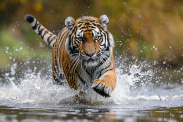 Fototapeta na wymiar Siberian Tiger running through water 