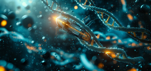Nanobots are repairing damaged DNA. Genetic engineering. science and medical concept. future technology