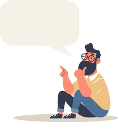 Flat vector illustration. A man is sitting in a pensive pose and says something. Speech bubble for your text . Vector illustration