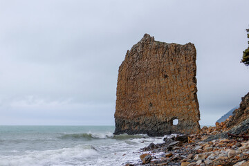 View of Sail Rock (Parus Rock) on cloudy day. Located near the city of Gelendzhik in the village of...