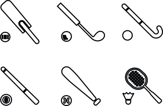 Sport icon in line style set. isolated on transparent background. Tennis rackets, Baseball bats, Lacrosse sticks, Hockey cues, Cricket bats. Sport icons for logo, label, poster. Vector for apps, web