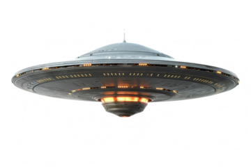 UFO, alien spaceship isolated on transparent background, Close up of flying saucer, Alien abduction concept