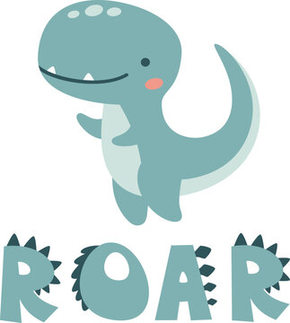 Vector children's illustration. Cute Terranosaurus and the inscription ROAR. Print for children's products . Vector illustration