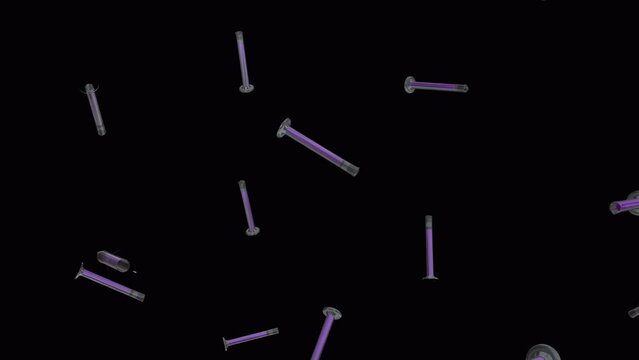 Graduated cylinder background. Falling glass graduated test tubes over alpha channel. Rain of tes tubes across the screen.
