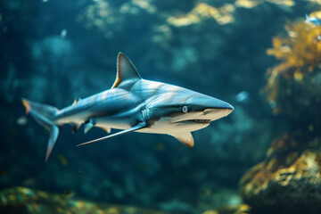 Fototapeta na wymiar Shark swimming underwater in sea. Aggressive marine predator