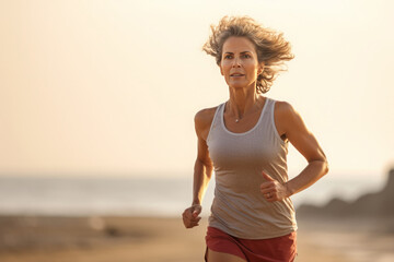 Cheerful mature woman running on sand beach, Senior woman enjoys life