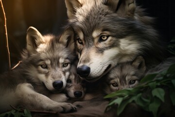 Obraz premium grey mother wolf with her young ones, cozy cuddles together in her lair. animal family, motherhood in animals.