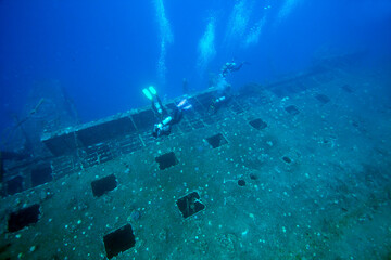 Group of divers explore shipwreck. Red sea, Egypt.
