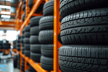 New tires stacked in row on storage racks in car repair shop. Car maintenance, replacement of tires