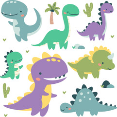 Set of flat vector illustrations in children's style. Cute kind dinosaurs, palm trees and cacti. . Vector illustration