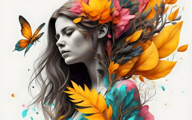 A woman with colorful flowers and butterflies