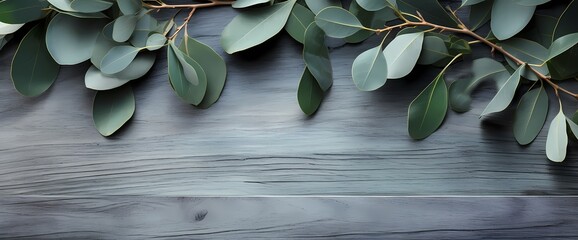 Tranquil beauty unfolds in this high-resolution image of eucalyptus leaves gracefully placed on a textured wooden surface, creating a flat lay masterpiece.
