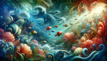 Ethereal Underwater Swirls.
Ethereal swirls of coral and fish in an underwater dreamscape with a serene atmosphere.