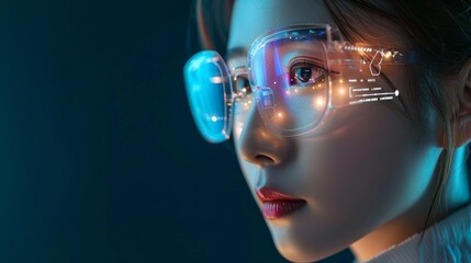 fresh face of a beautiful Korean woman wearing smart glasses, show digital information on smart glasses. 