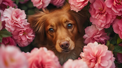 Dog Surrounded by Pink Flowers