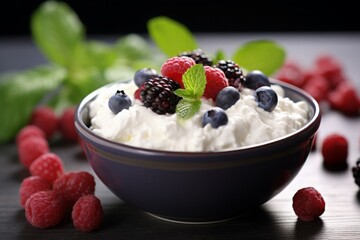 rustic cottage cheese in a bowl and raw wild berries, close-up. breakfast. a healthy fermented milk product with raspberries and blueberries. still-life.