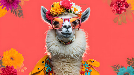 Hip Llama with Sunglasses and Floral Headband on Coral Background