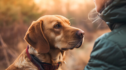 Loyal Dog Gazing at Owner During Golden Hour Walk