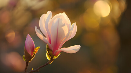 Fototapeta premium Pink Magnolia Flowers in Soft Light with Bokeh Background