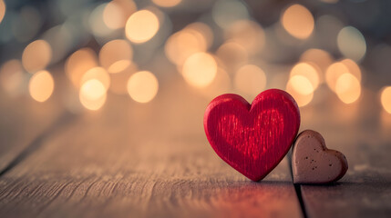 Romantic Wooden Hearts with Warm Bokeh Lights Background