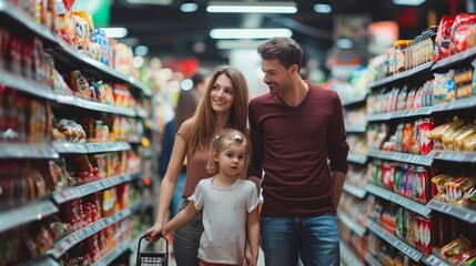 Happy parents with small daughter shopping in supermarket. 