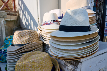 Traditional hats for sale in Oia, Santorini Island. Santorini, Greece, Europe