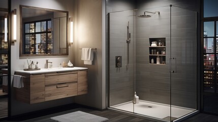 Fototapeta na wymiar Modern Minimalist Bathroom Interior with Sleek Clean Lines and Stylish Design - AI-Generative