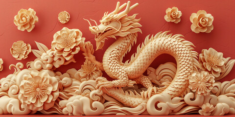 A  3D golden dragon intertwined with flourishing peonies, all carved in a traditional Chinese style against a red backdrop