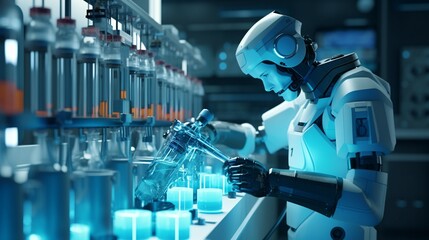 Scientist working on a microscope. A robot works in the laboratory. Future science. The robot conducts experiments in the laboratory. A robot chemist