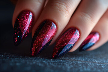 Nail design on shiny nail polish, fashionable red and black manicure - obrazy, fototapety, plakaty