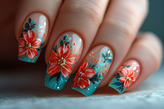 Nail design on shiny nail polish with flowers, fashionable multi colored art manicure