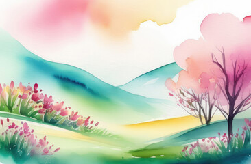Fototapeta na wymiar spring landscape of green field with tree and tulips, hills in background, watercolor illustration.