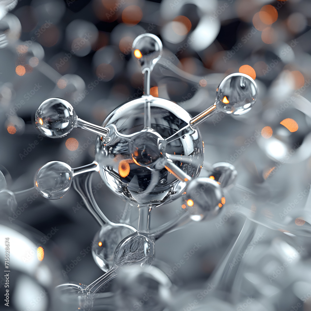 Poster abstract atom or molecule structure design, atom or molecule made of glass material. 3d rendering.